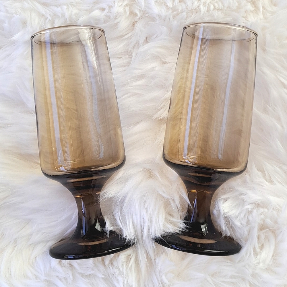 2 Vintage Libbey Tawny Accent Smoked Glass Goblets • Cocktail • Wine • Juice
